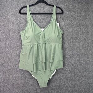 BloomChic Swimsuit Dress Womens 22-24 Sage Green Tiered Ruffle Plus One Piece